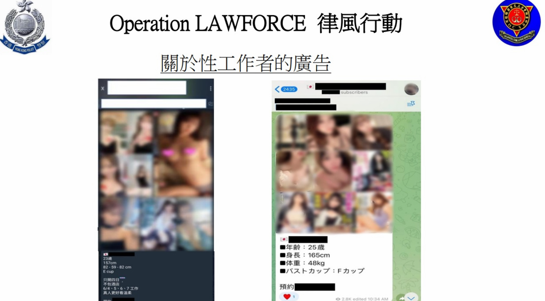 有本地犯罪集團在社交平台經營群組宣傳可安排日本性工作者及略有名氣的AV女優來港入住酒店以作賣淫活動,又會以AV女優的性感照片及作品封面作爲賣點招徠(警方直播)