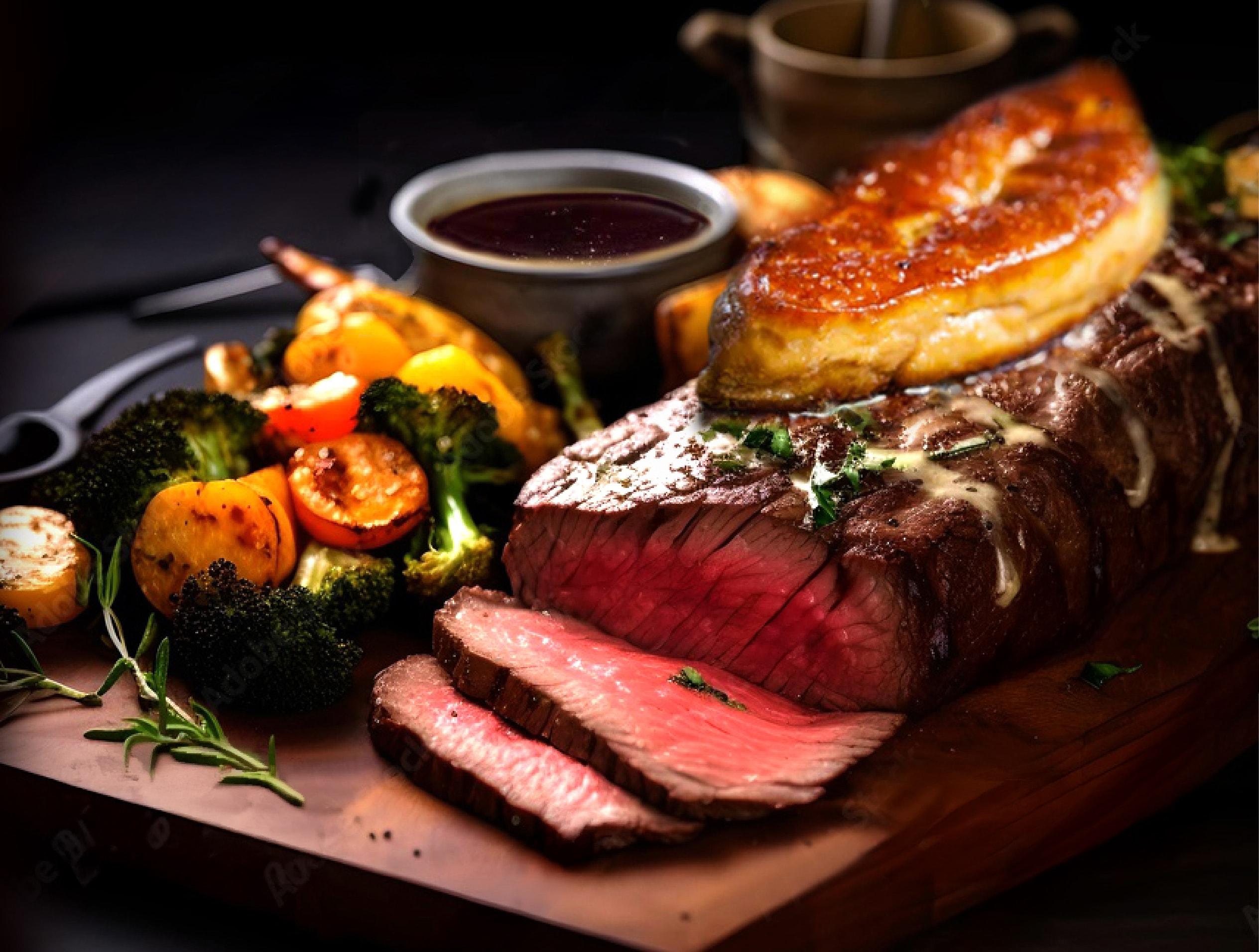 牛扒配鵝肝 $588兩位用 包括400克M5和牛夏多布里昂牛扒、鵝肝、黑蒜味薯蓉、燒西蘭花苗、小甘筍和珍珠洋葱。