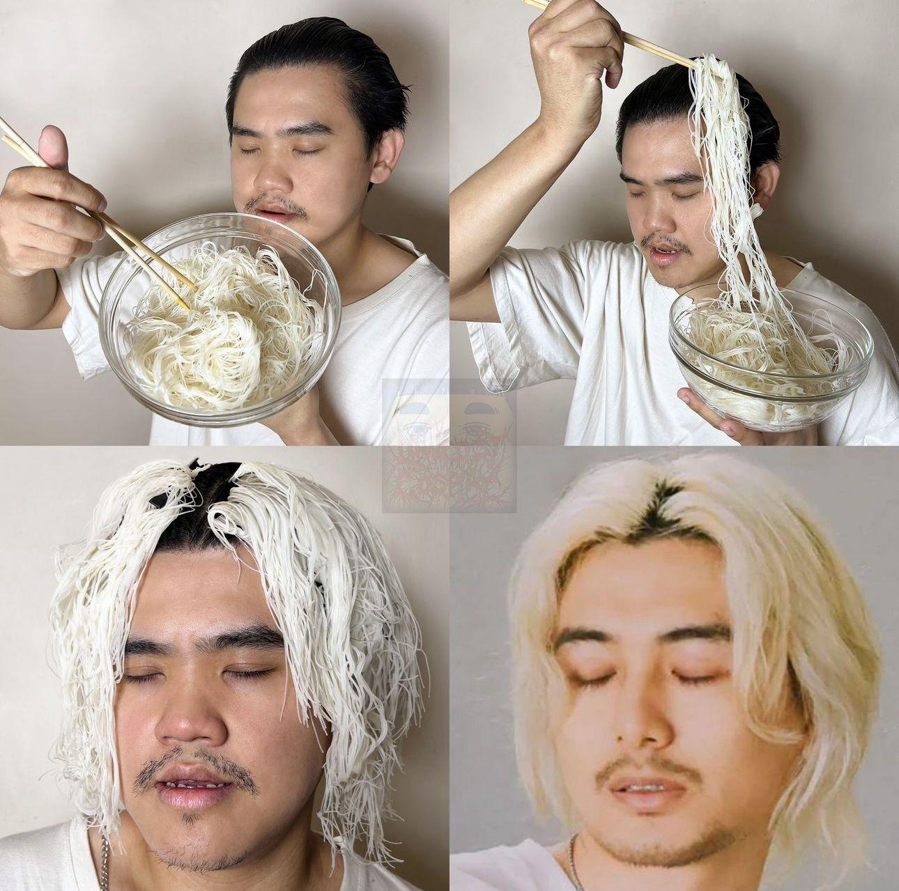 著名網紅Lonelyman利用一盤米粉模仿風哥的漂染金髮。