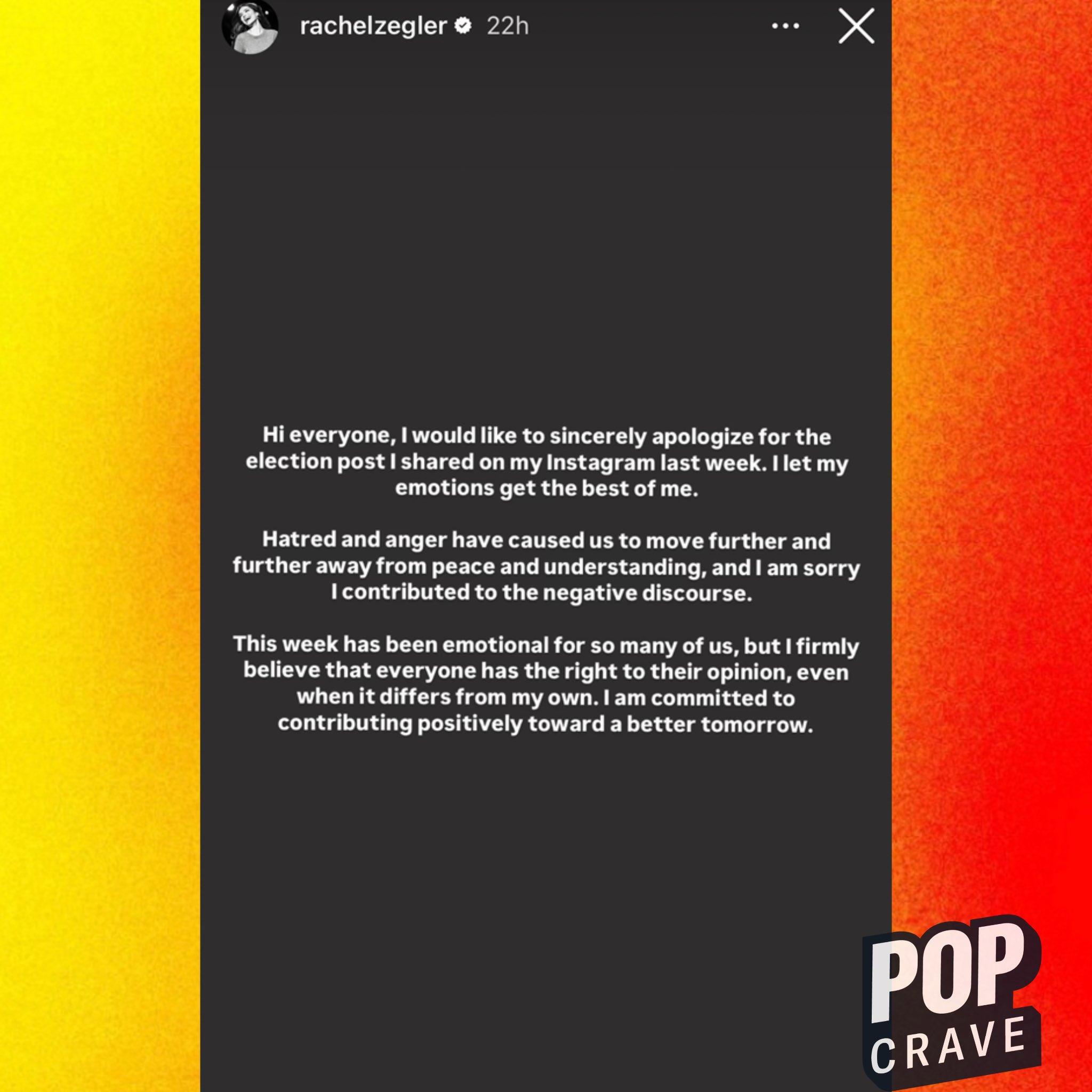 Rachel Zegler昨日IG上載道歉文。