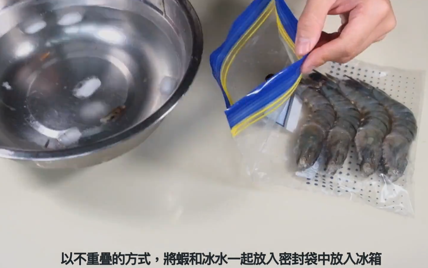 鮮蝦保鮮方法,以不重疊方法,將蝦和冰水一起放入密實袋中,再放入冰箱