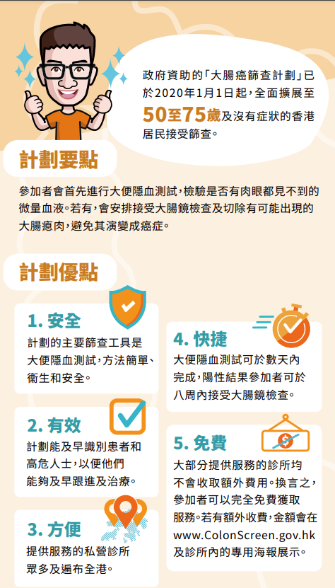 大腸癌篩查計劃,50至75歲人士留意(衛生署單張)