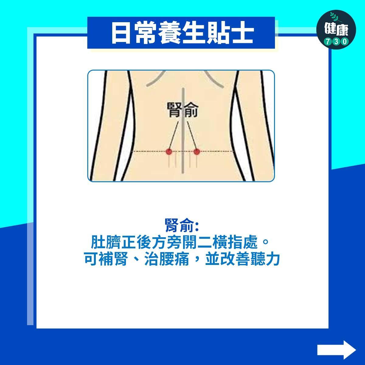 日常養生貼士,腎俞:肚臍正後方旁開二橫指處。可補腎、治腰痛,並改善聽力(am730製圖)