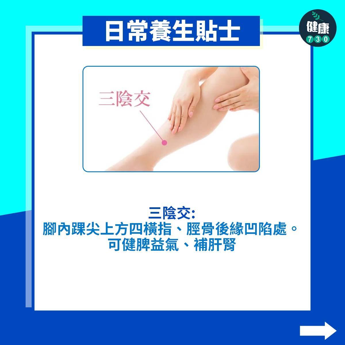 日常養生貼士,三陰交:腳內踝尖上方四橫指、脛骨後緣凹陷處。可健脾益氣、補肝腎(am730製圖)