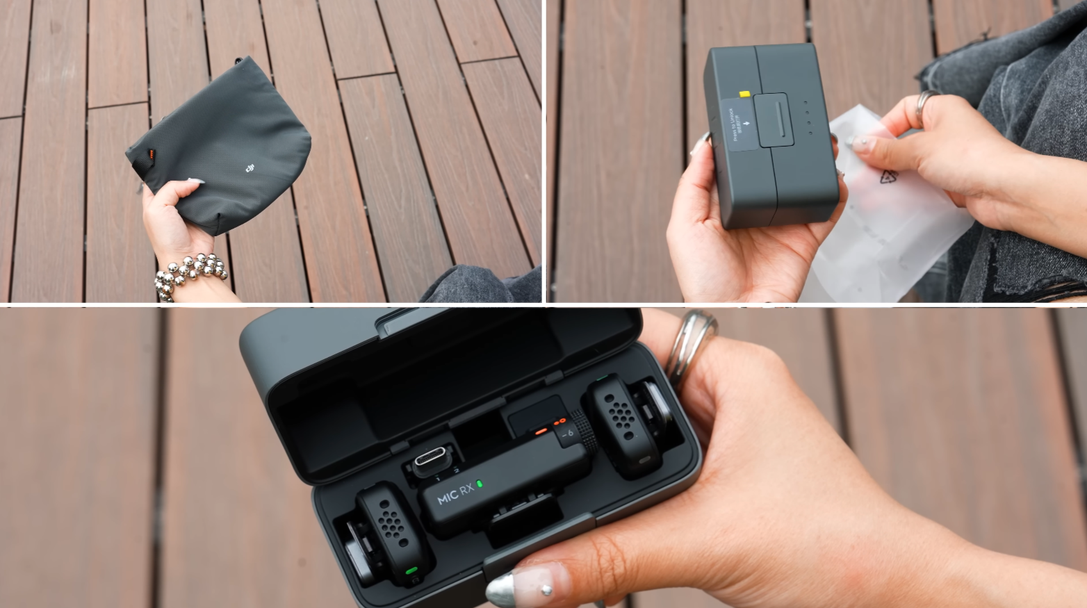 DJI Mic Mini 主打迷你尺寸,並全面支援 DJI 其他產品。它的套裝包括一個收納袋、一個充電盒、一個接收器、兩個收音麥克風、一個 USB-C 轉接器、一條 3.5mm TRS 線、四個防風毛套及一條 USB-C 充電線。