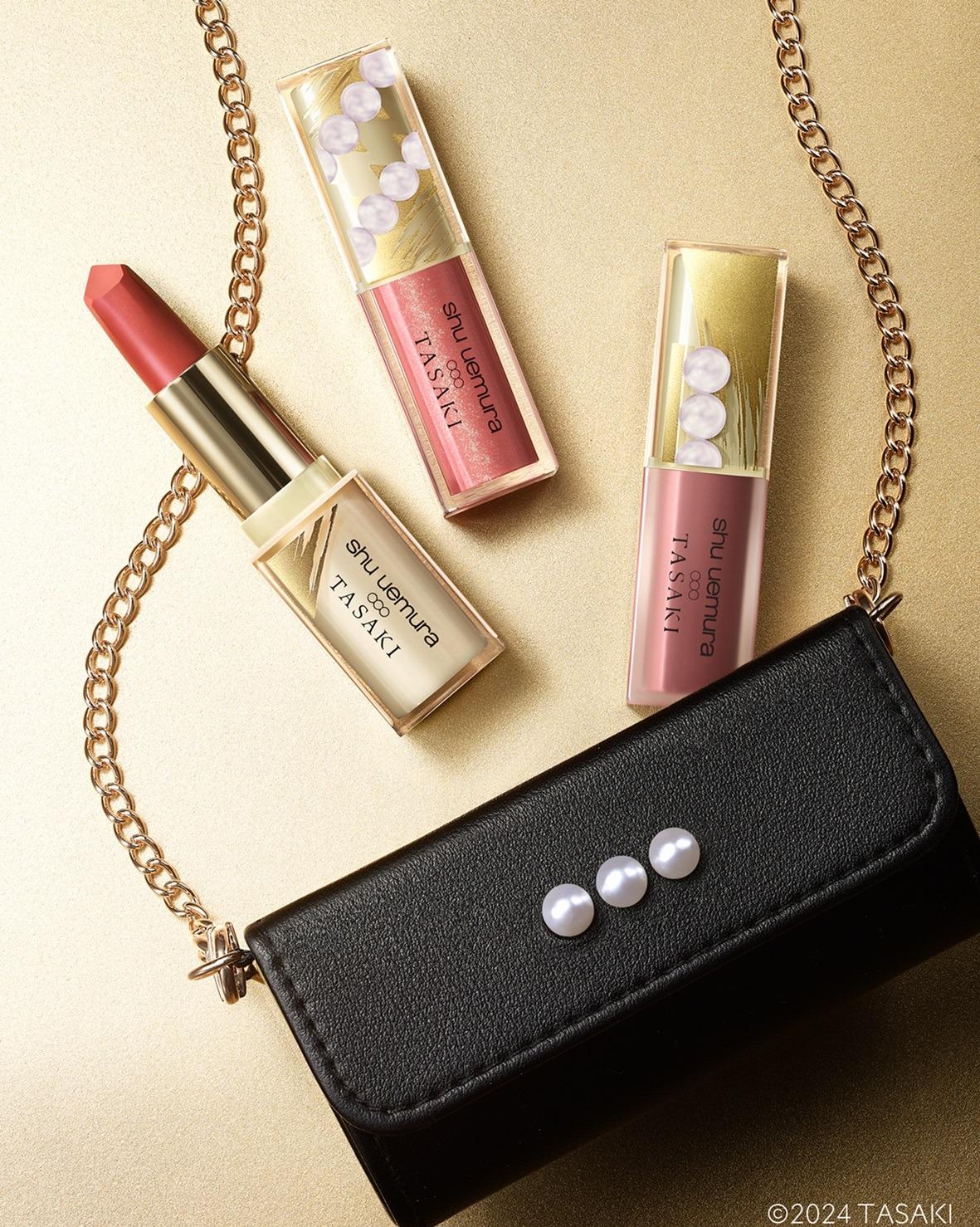 聖誕限量彩妝2024|shu uemura 植村秀 x TASAKI 絹感潤護水光唇釉 $305、無色限絹感唇釉 $305、無色限絹感柔霧唇膏 $315