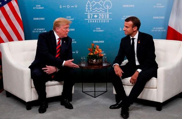 2018年6月,加拿大G7峰會期間,特朗普與馬克龍舉行雙邊會談。(資料圖片)