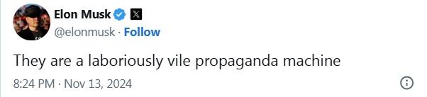 馬斯克發文批評《衛報》。(互聯網)