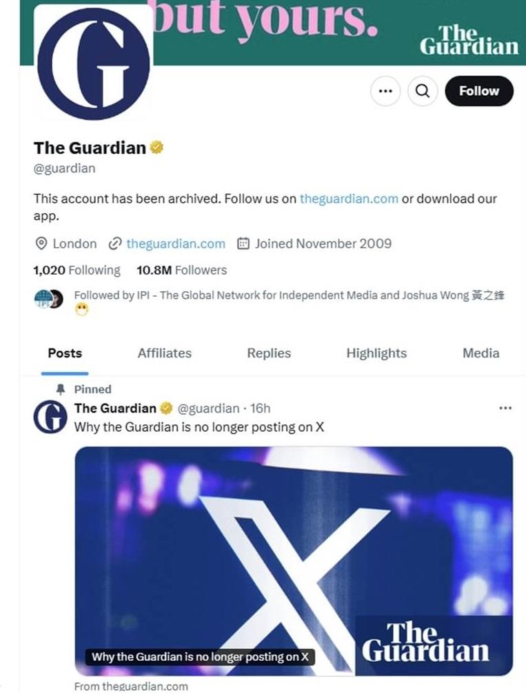英國《衛報》在X的官方帳號已停用,之前發布社論解釋退出原因。(互聯網)