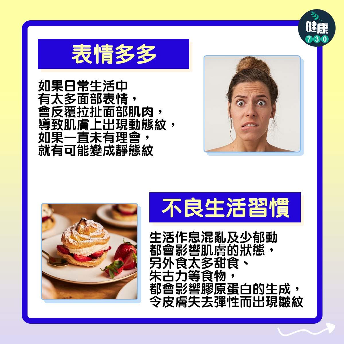 4個生皺紋常見成因|表情多多及不良生活習慣(am730製圖)