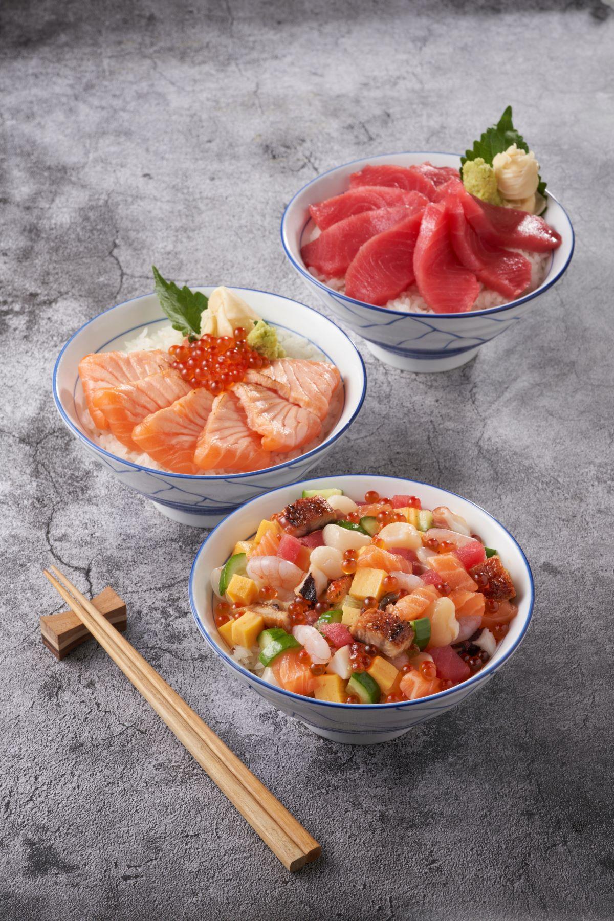 海鮮丼$78、三文魚丼$78、吞拿魚丼$80(哲平食堂)