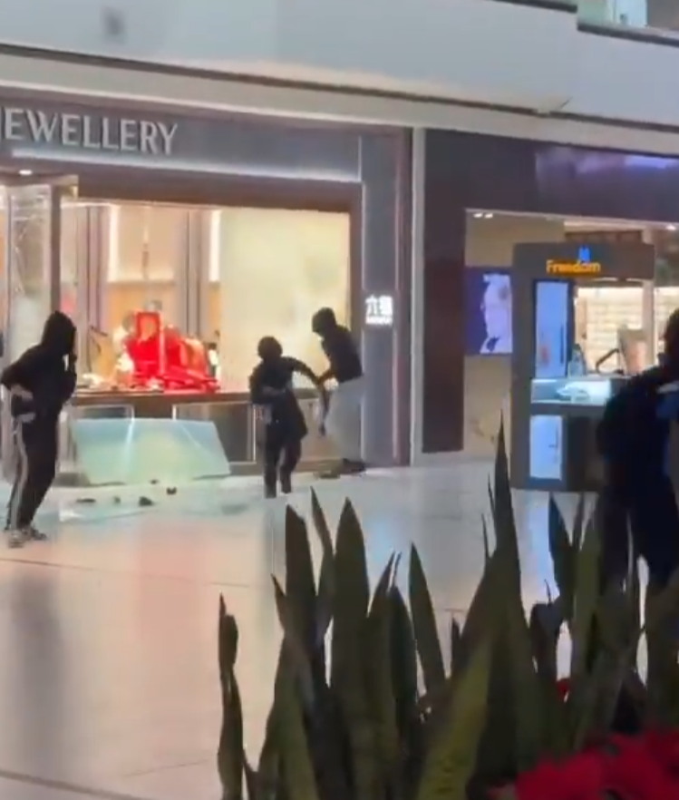 加拿大多倫多萬錦市一個商場內的六福珠寶店周三下午發生劫案,多名蒙面賊在光天化日下打劫該店。(影片截圖)