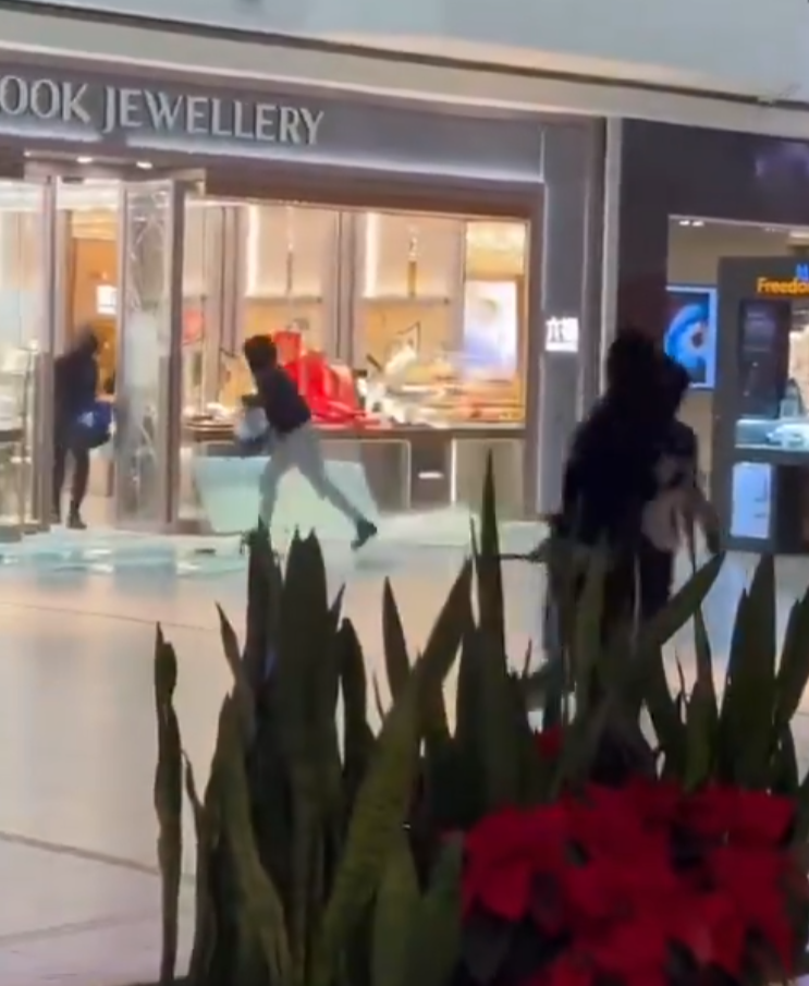加拿大多倫多萬錦市一個商場內的六福珠寶店周三下午發生劫案,多名蒙面賊在光天化日下打劫該店。(影片截圖)