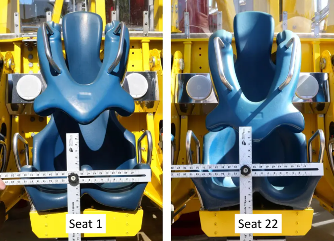 Sampson當日所坐的座位(左),安全桿明顯較正常座位高、空罅更大。(互聯網)