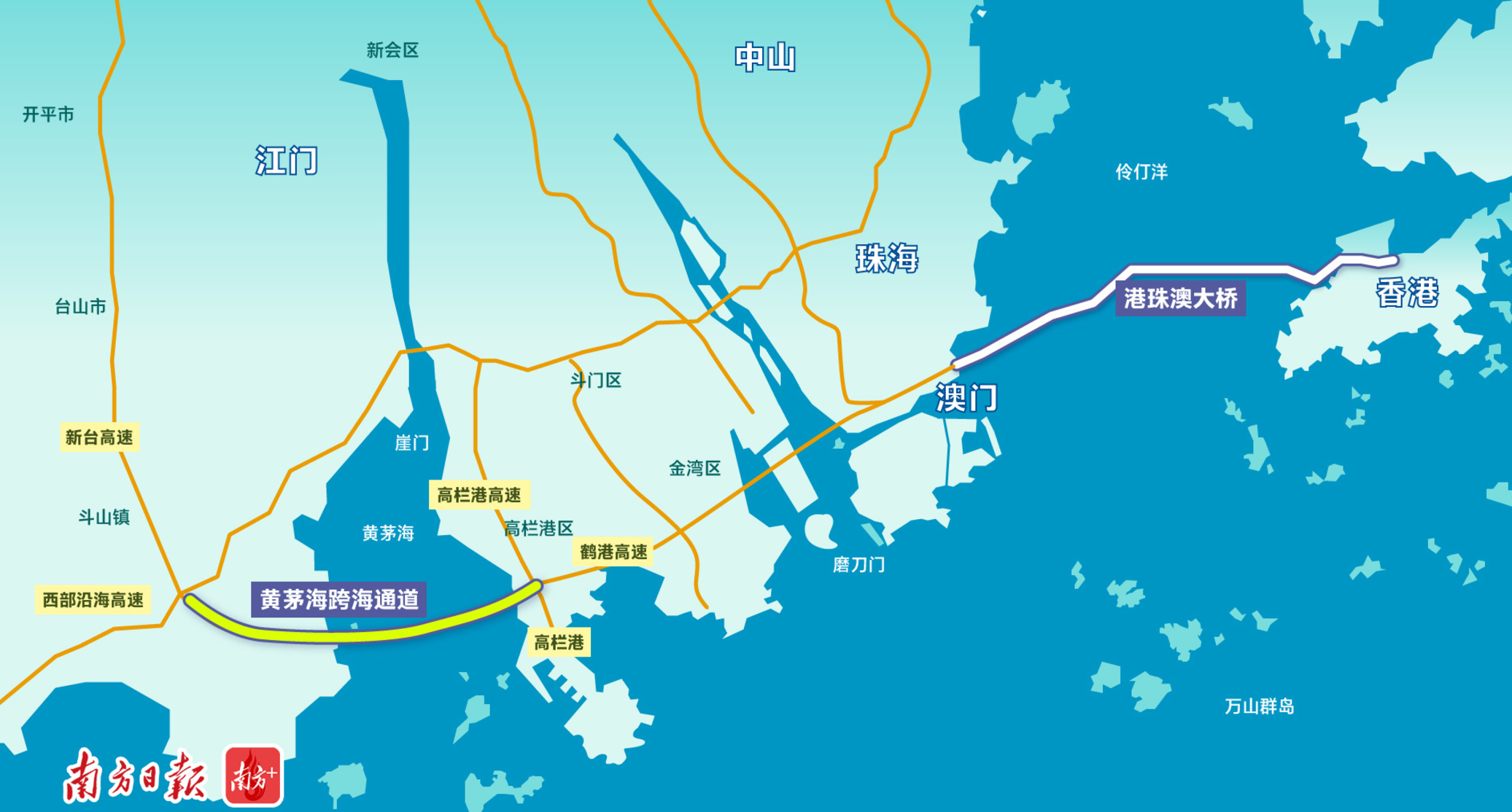 粵港澳大灣區重大工程之一、連接廣東珠海至江門的黃茅海跨海通道,將「香港—澳門—珠海—江門」連成直線。(網上圖片)