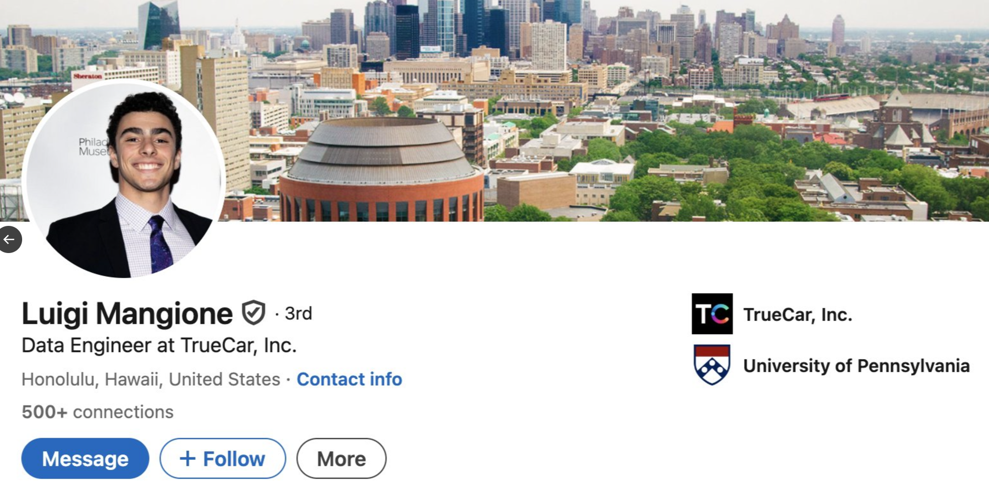 網上資料顯示,26歲疑犯曼吉奧(Luigi Mangione)在巴爾的摩一間私立男校畢業,2020年在賓夕法尼亞大學取得工程學雙學位(網上圖片)