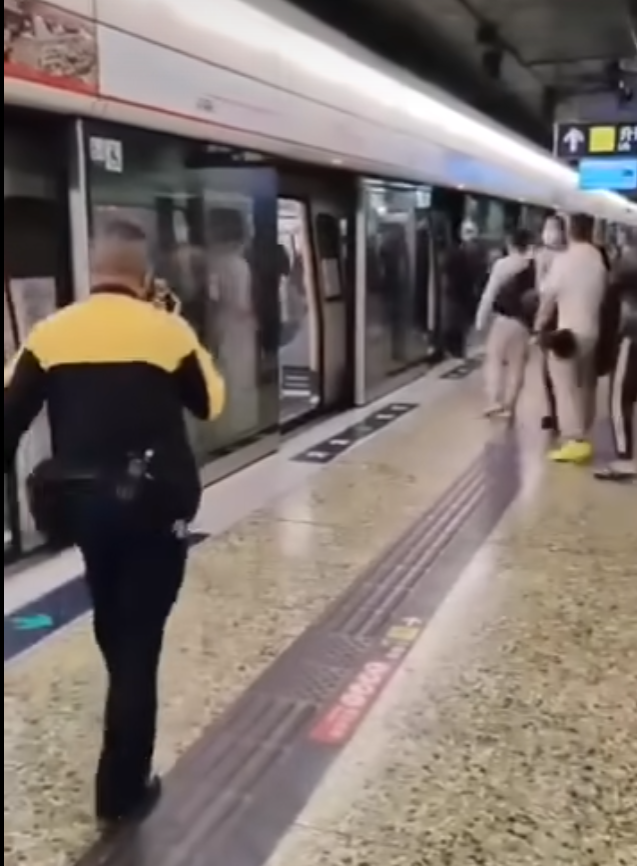 該男子又走向車頭方向,列車上乘客爭相走避。(影片截圖)