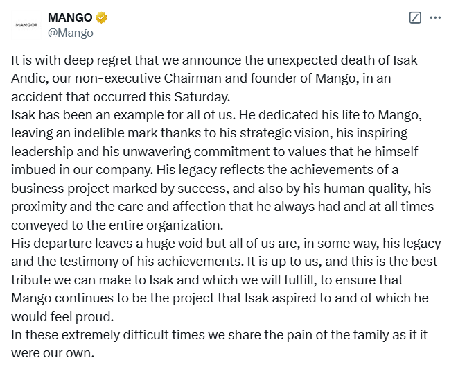 Mango在社交平台發文宣布噩耗。(互聯網)