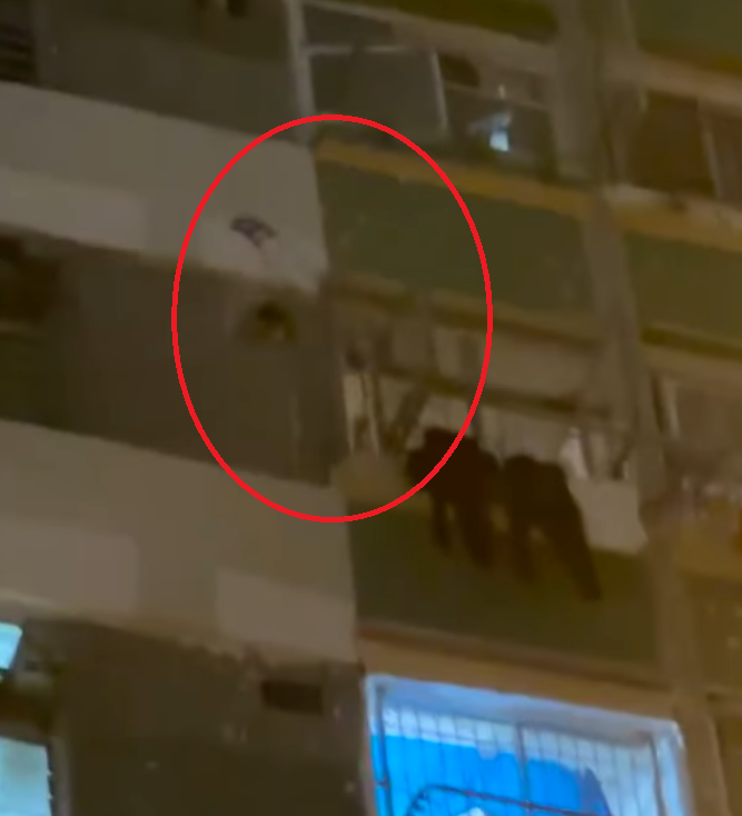 大窩口邨富國樓一低層單位,有人一邊大叫、一邊從窗口拋下兩張摺凳及一輛手推車(荃灣 大窩口邨 葵涌邨fb)