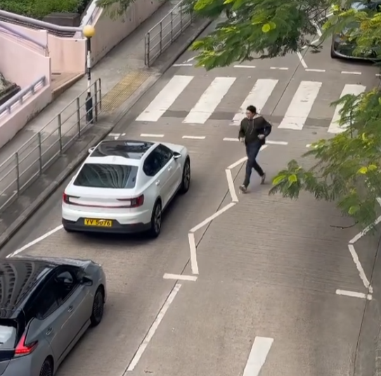 樂富一名司機主動落車攙扶一位持柺杖的老翁橫過斑馬線,兩線的車龍均耐心靜待(影片截圖)