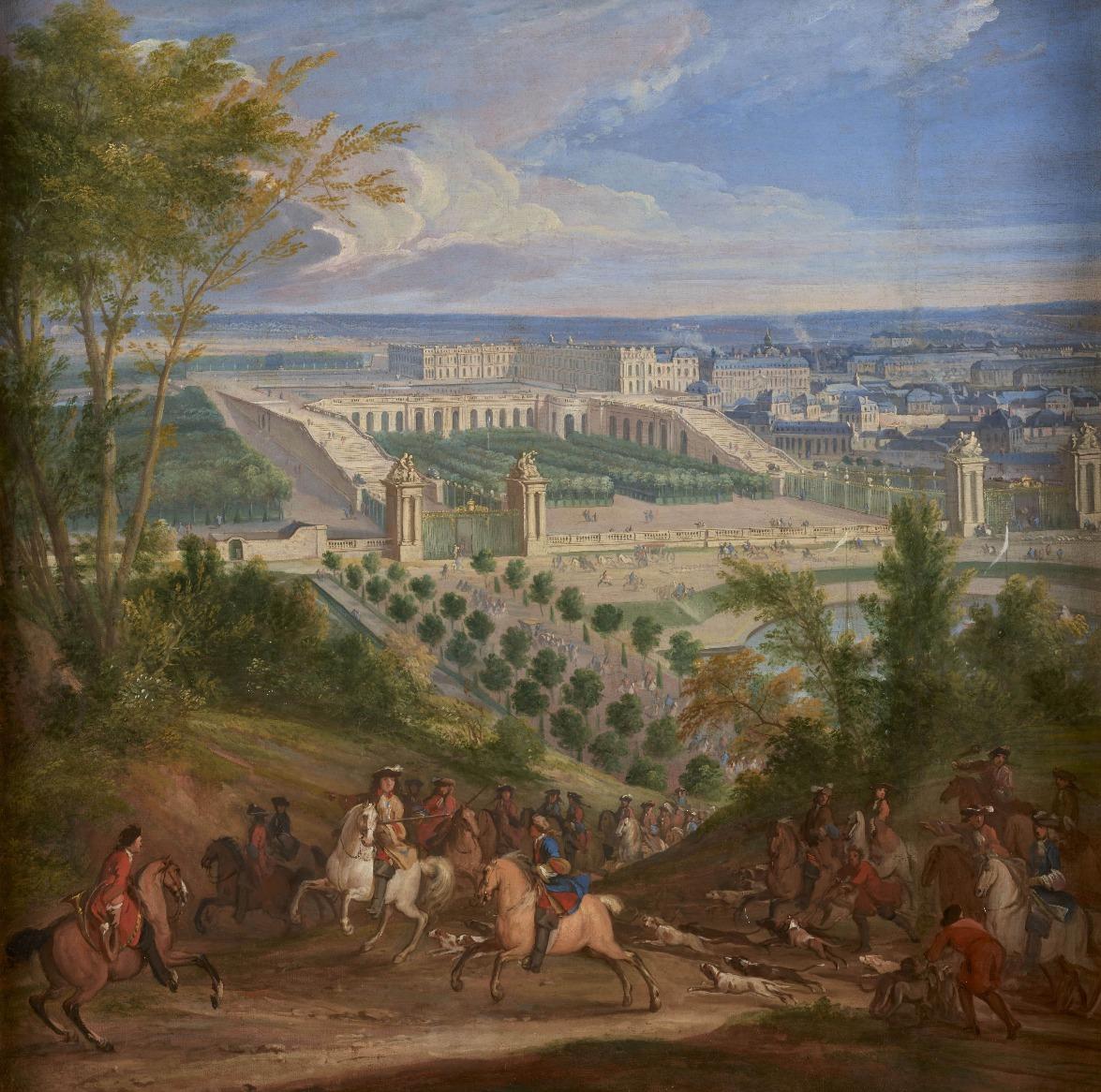 在凡爾賽宮、橘園和百步階梯前的狩獵情景,由法國畫師所繪(1695-1705年)。(圖片來源:凡爾賽宮)