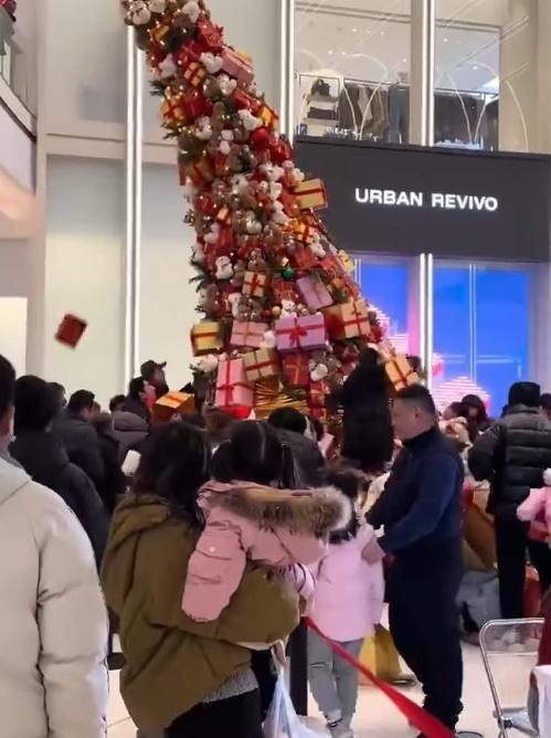 有人攀爬聖誕樹以便拿取更高的盒子。(微博)
