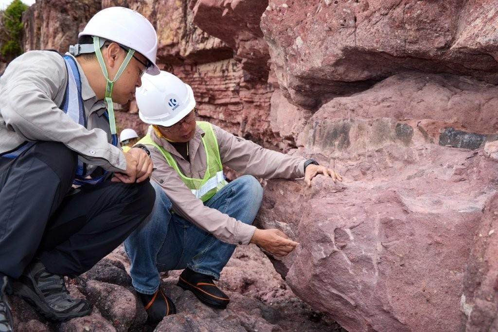 古物古蹟辦事處(右)及漁農自然護理署(左)人員討論化石發掘安排。
