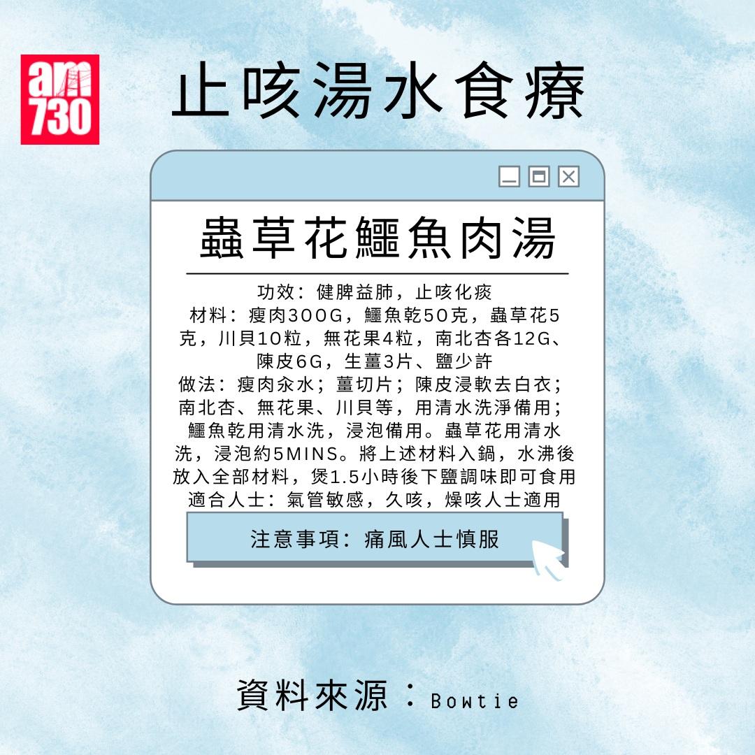 止咳湯水食療|蟲草花鱷魚肉湯(am730製圖)