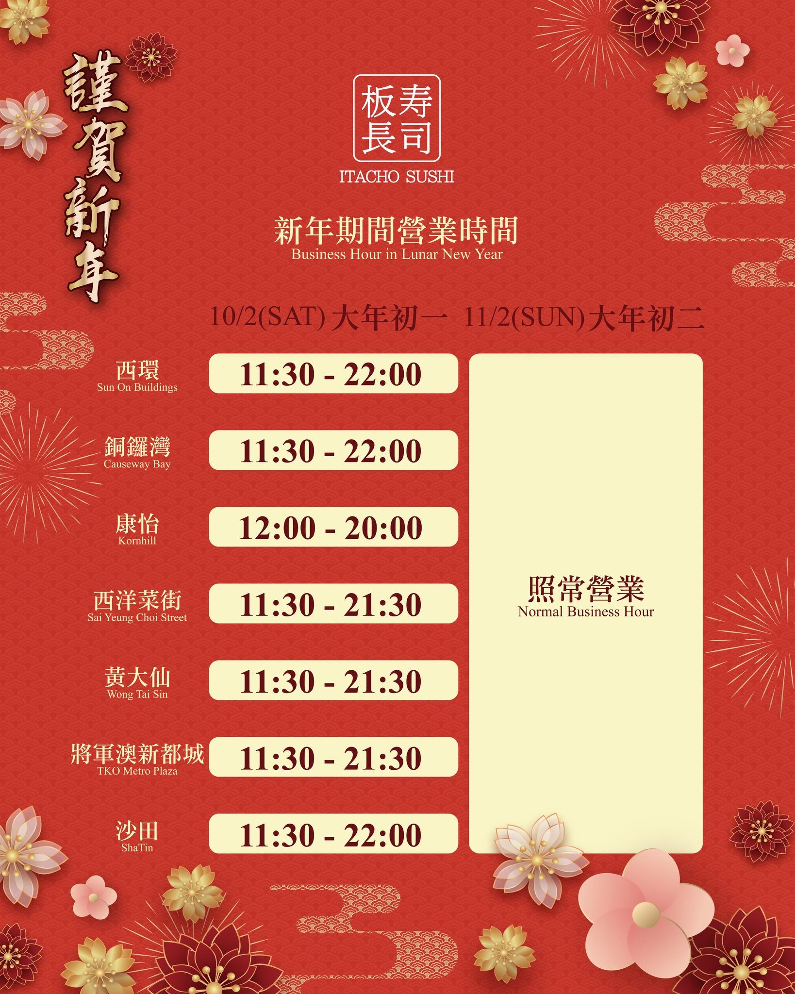 板長壽司在2024年2月時分店初一初二營業時間,當時只餘7間分店。(板長壽司fb)