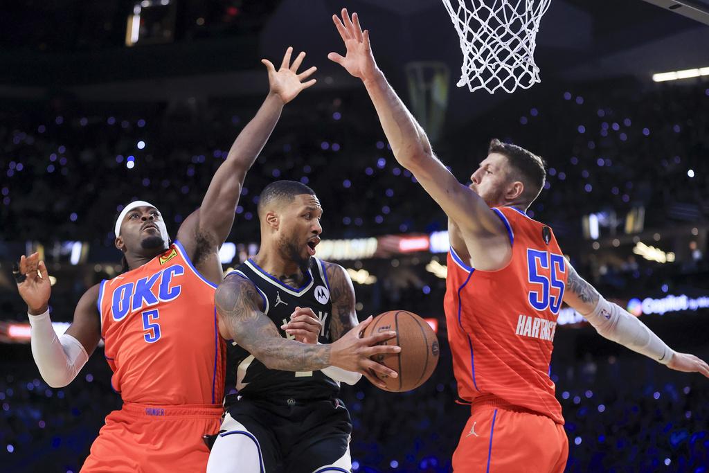 列拿特(Damian Lillard)在NBA盃決賽取得23分,三分球10射5中助公鹿擊敗雷霆。(美聯社)