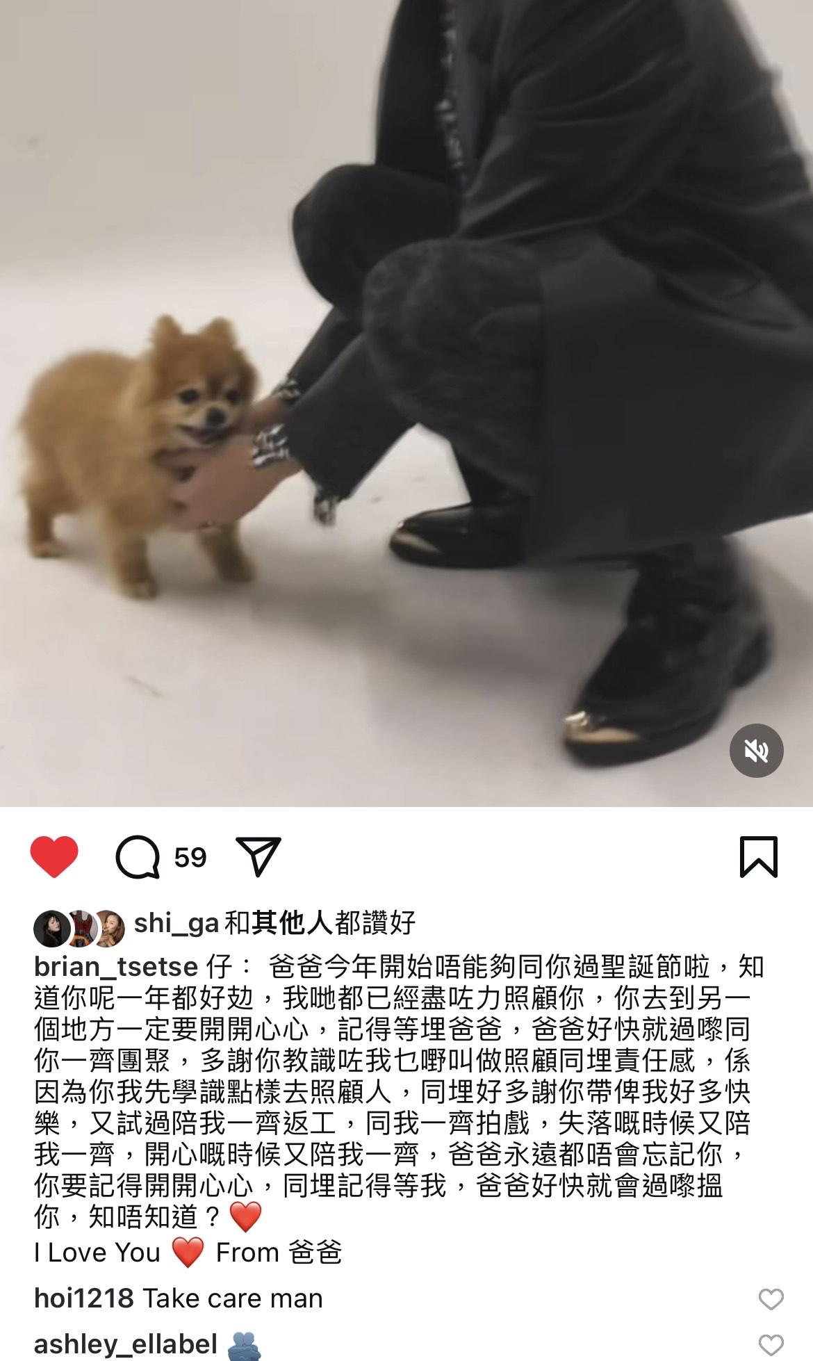 謝東閔以爸爸身份發文悼念朱智賢的愛犬。