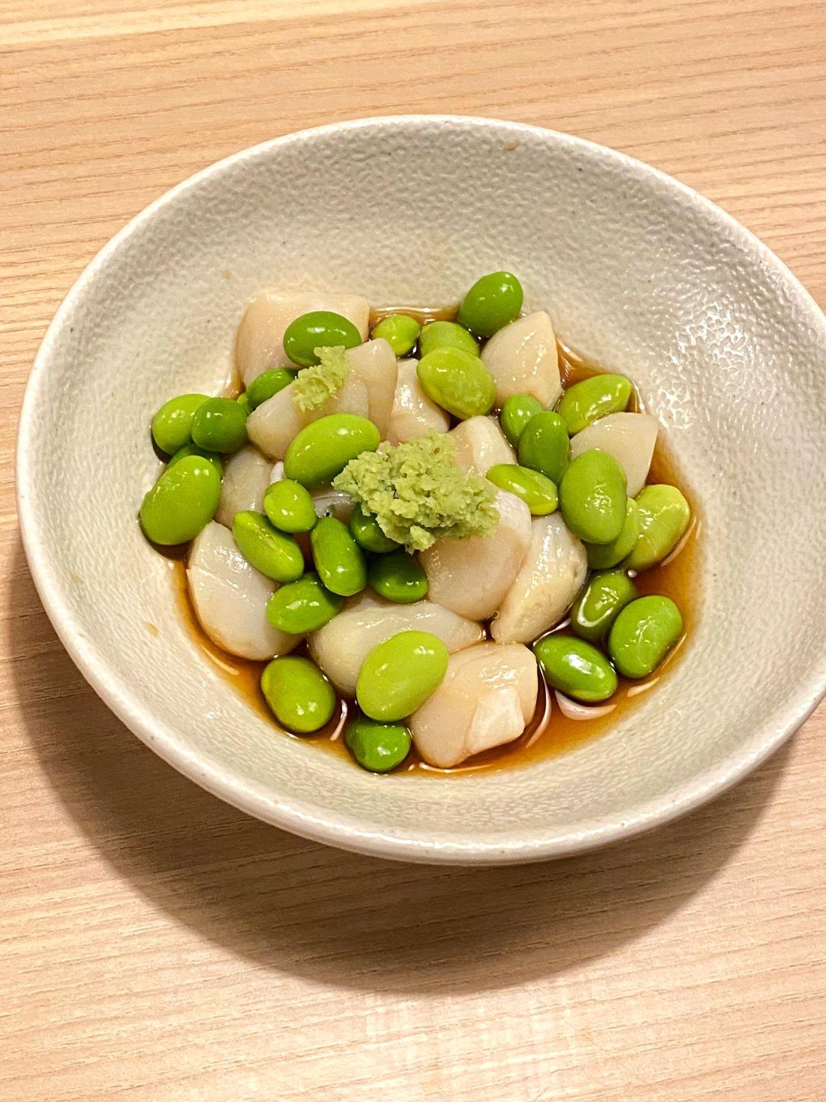 柚子醋枝豆伴小貝柱$19.9 醋酸味開胃解膩一流。