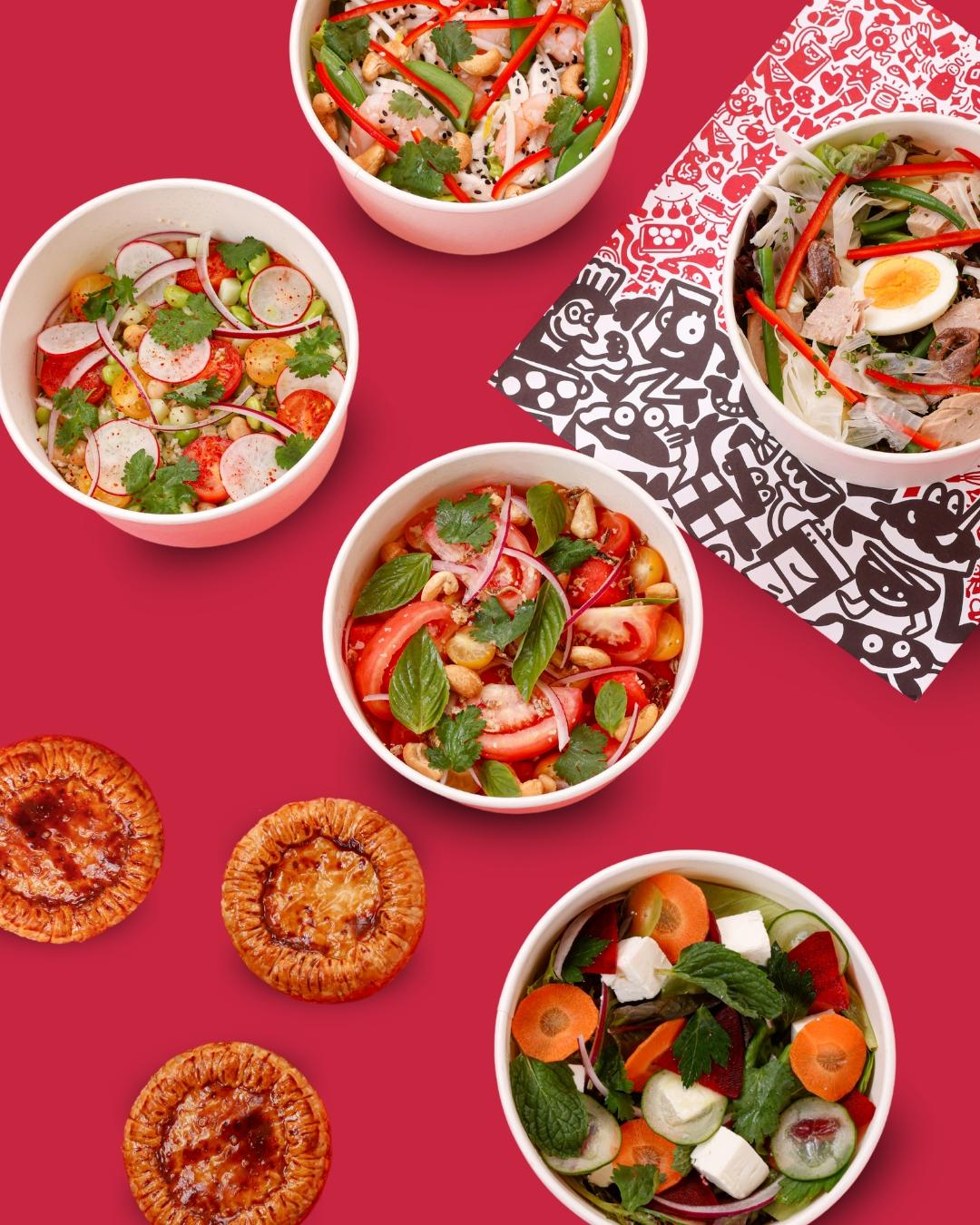 新鮮沙律精選蔬菜沙律配烤南瓜籽醬、香辣番茄西瓜粒沙律及植物蛋白沙律。(各$88)