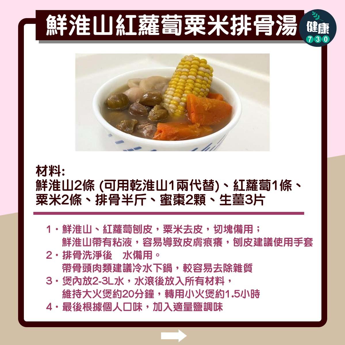 養生湯水|健脾上奶推介,鮮淮山紅蘿蔔粟米排骨湯(am730製圖)