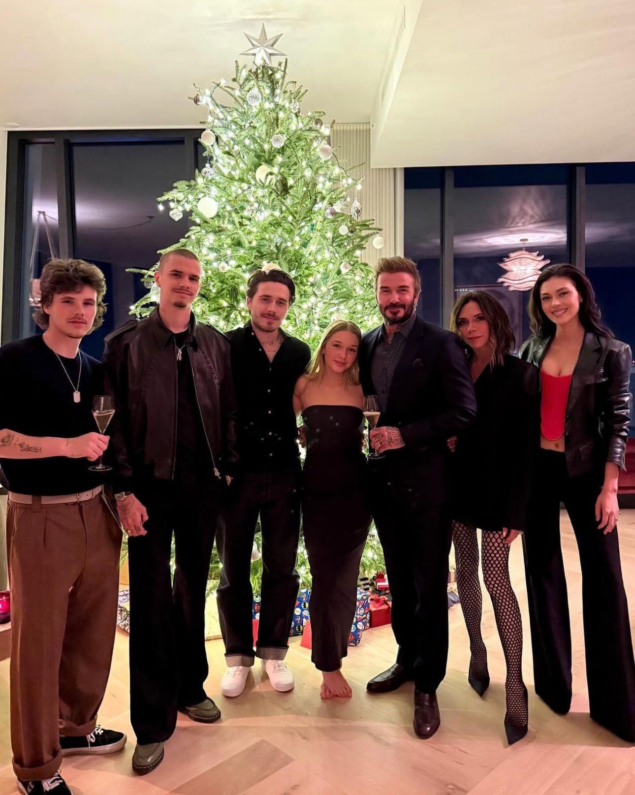 碧咸一家總動員在聖誕樹前拍下全家福。