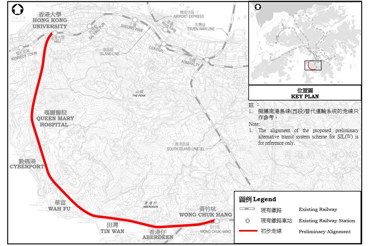 運輸及物流局公布擬建的南港島綫西段初步走線。(立法會文件截圖)