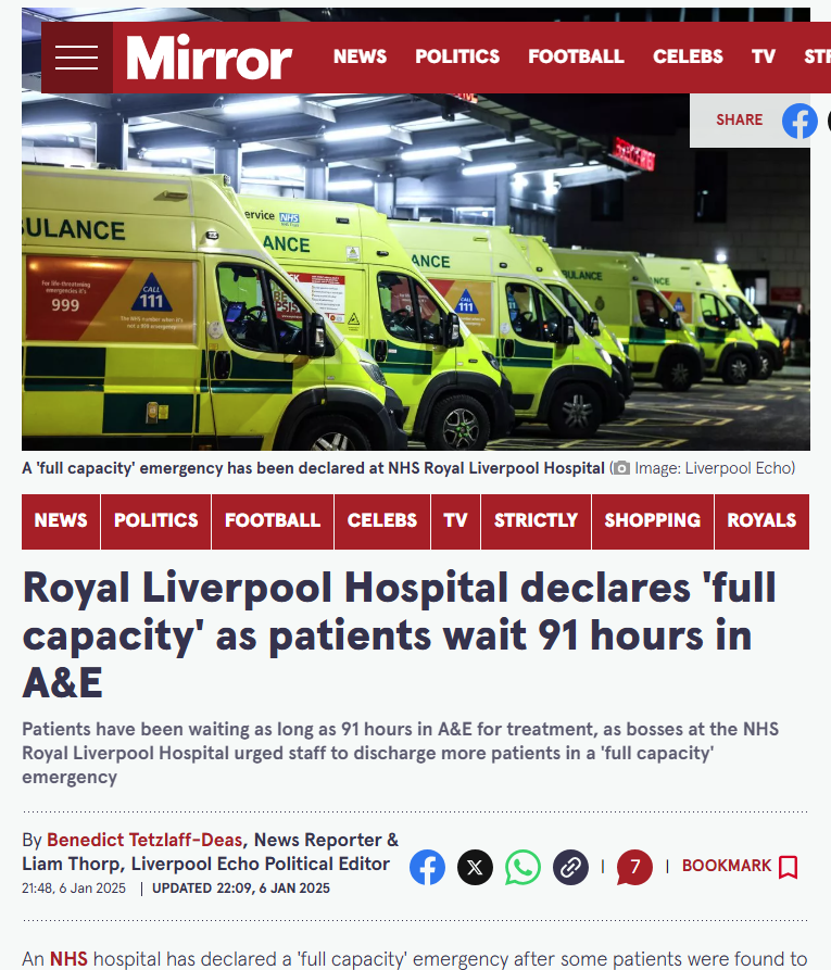 《每日鏡報》指有病人在急症室等了91小時才獲診治。(互聯網)