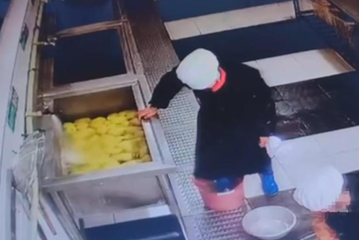 江西新余市第十六中學食堂有一名戴廚師帽的員工用腳多次踩踏水桶內的食材,當時他還穿著水靴。(影片截圖)