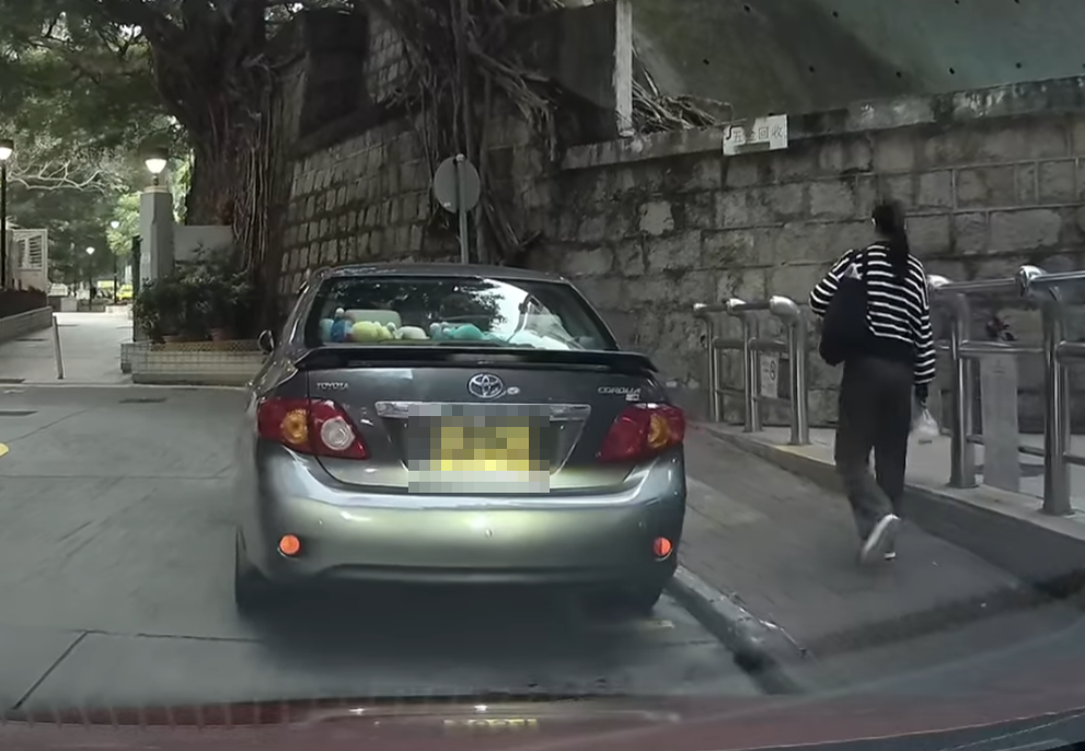 疑為母親的黑白間條衫婦人,由灣仔道步行進入普樂里,惟婦人未有拖着兩女童,只顧自己先行 (車cam L(香港群組)FB)