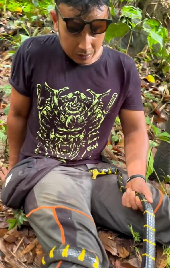 由於蛇沒有要鬆口的意思,使得他滿頭大汗,臉上露出痛苦表情,只能痛苦坐在地上。(IG)