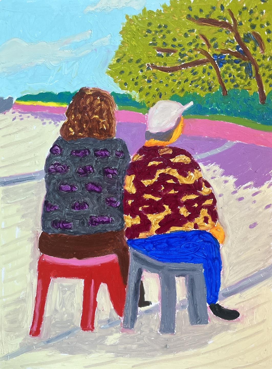 曹穎褀油畫作品《挨伴陪坐》。