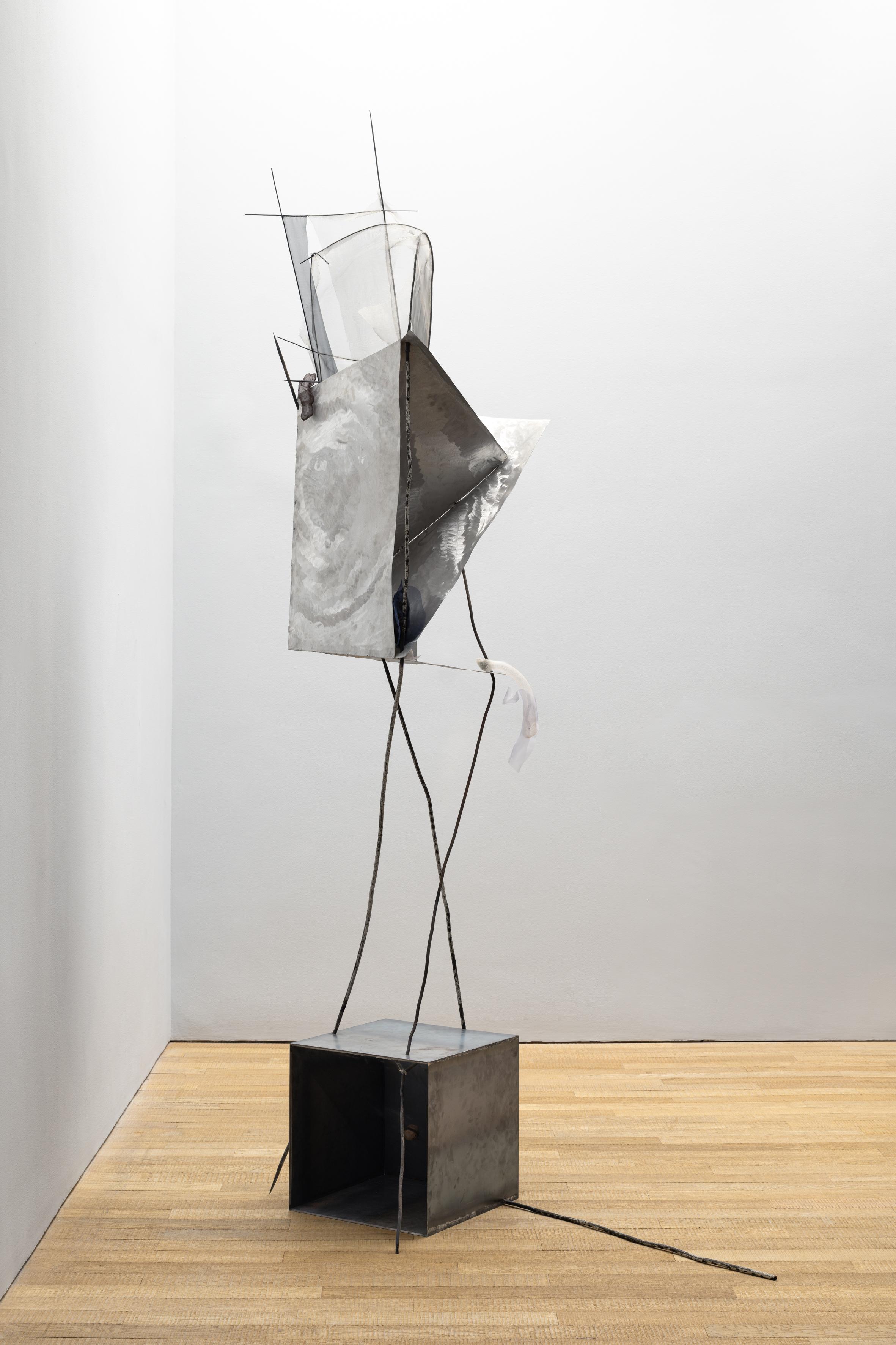 裝置作品《荒原上的花冠,或者,花冠上的荒原 二》,包含胡蜂巢、乾橘皮、太空鋁、薩滿石、廢棄輕體鋼筋、偕老同穴,貫徹胡曉媛愛採用有機物品來創作。