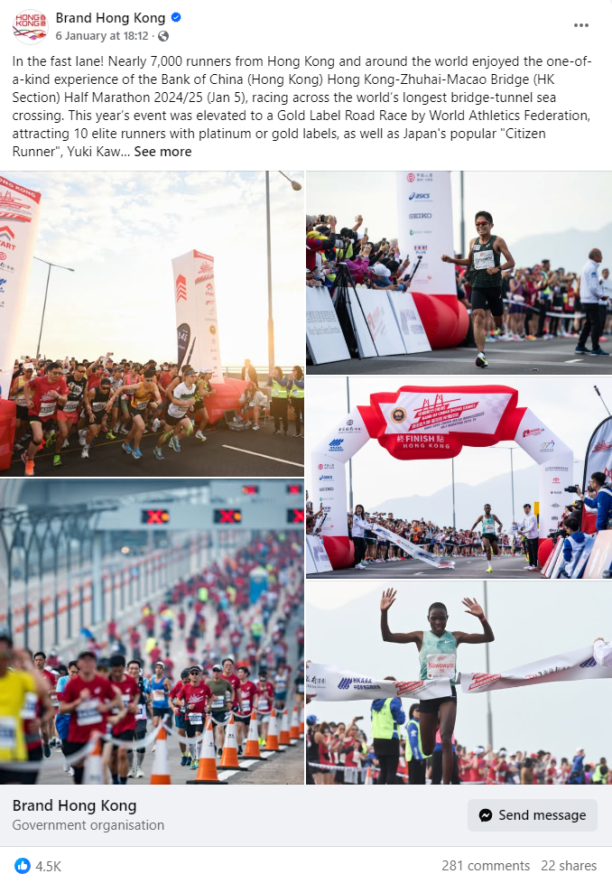關於香港馬拉松的英文帖文有4,500人讚好,暫是本月最多讚好的帖文(香港品片Facebook截圖)