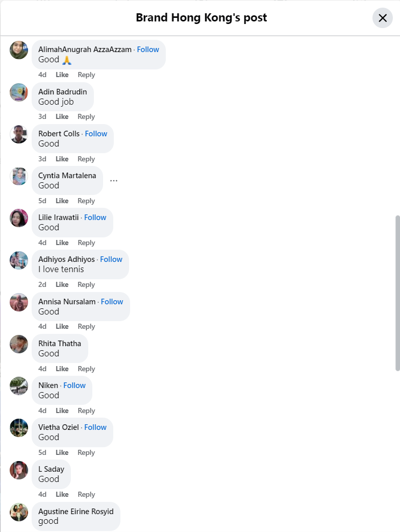 不少來自印尼的用戶留言十分相似(香港品牌Facebook截圖)