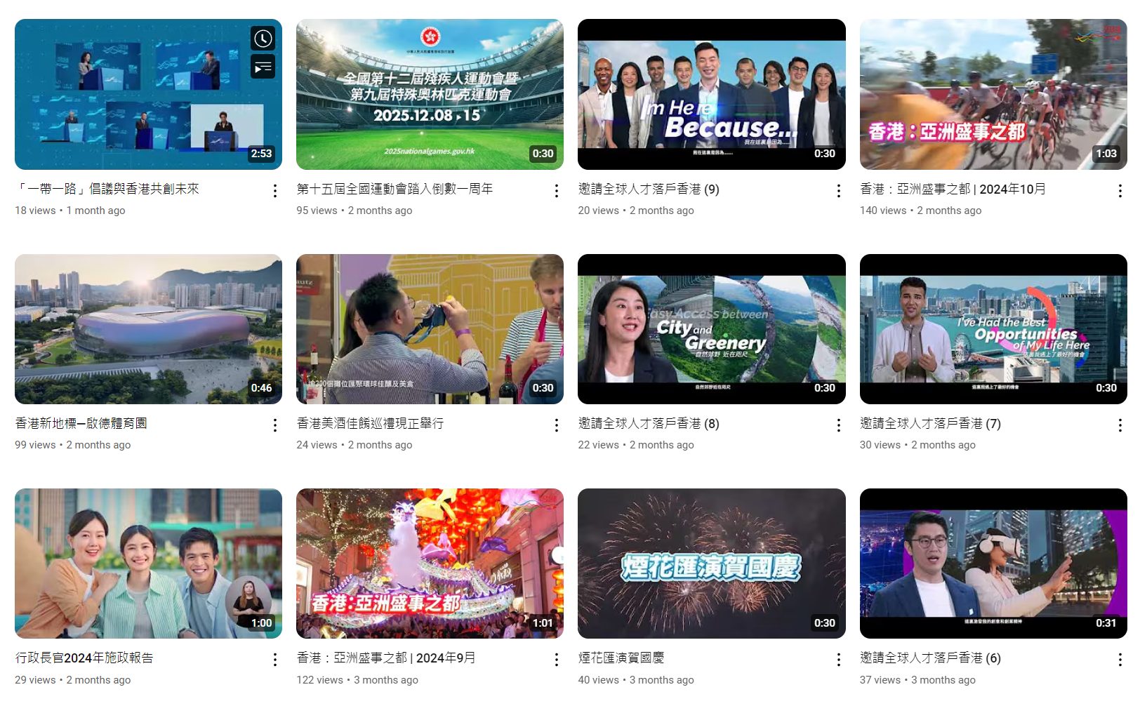 香港品牌YouTube近36條片段中,20條觀看量不多於40次(香港城市品牌YouTube截圖)