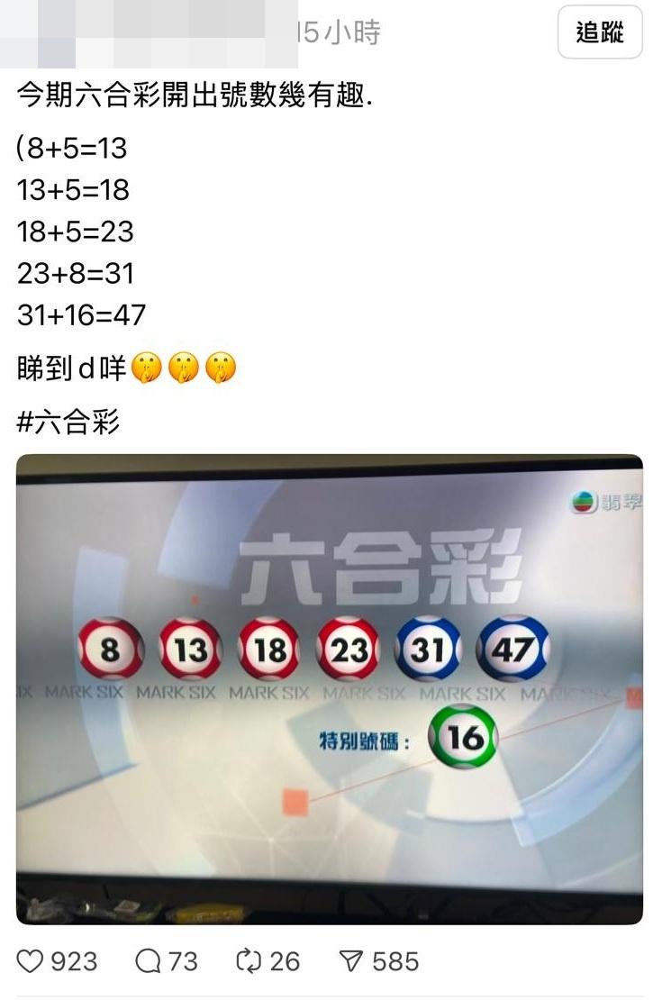 有網民發現今次六合彩號碼似乎隱藏著驚人的規律,當中5和8號是關鍵號碼。(Threads截圖)
