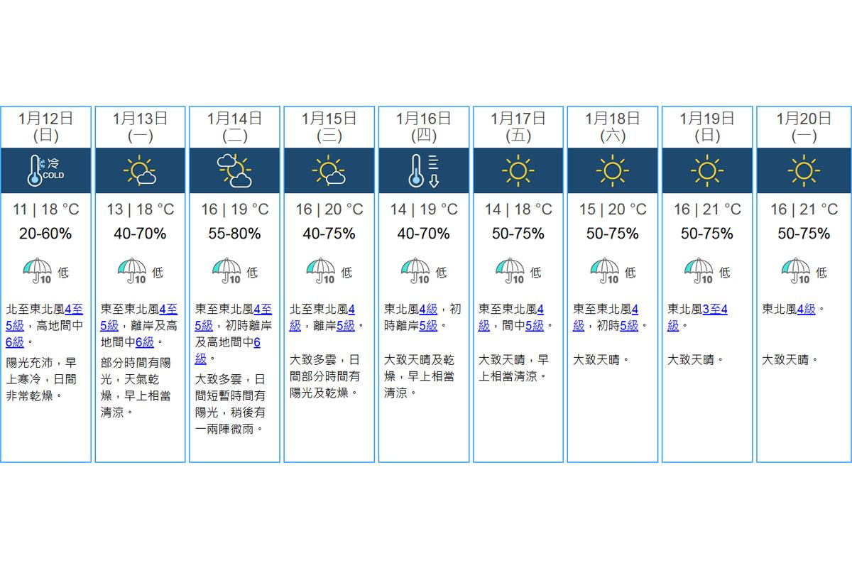 天文台未來九天天氣預報。(天文台網站截圖)
