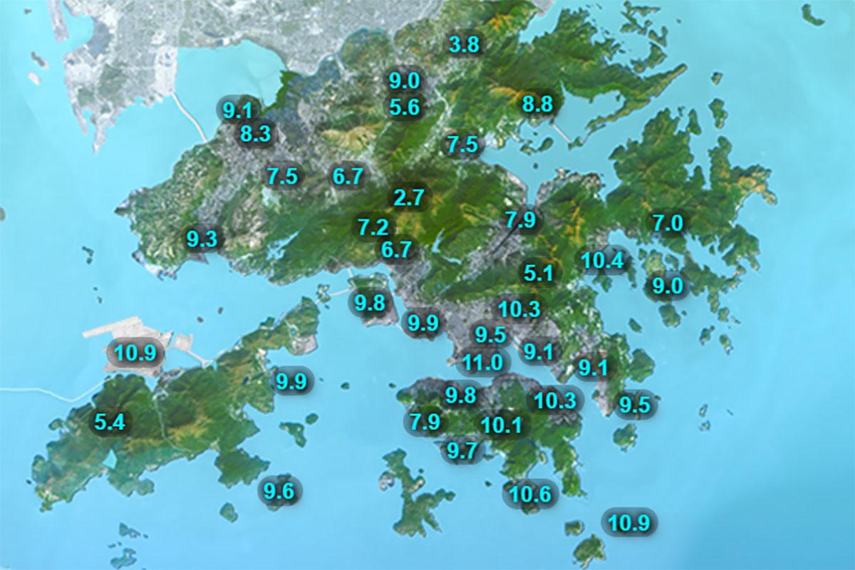 本港多區最低氣溫跌破10度。(天文台網站截圖)