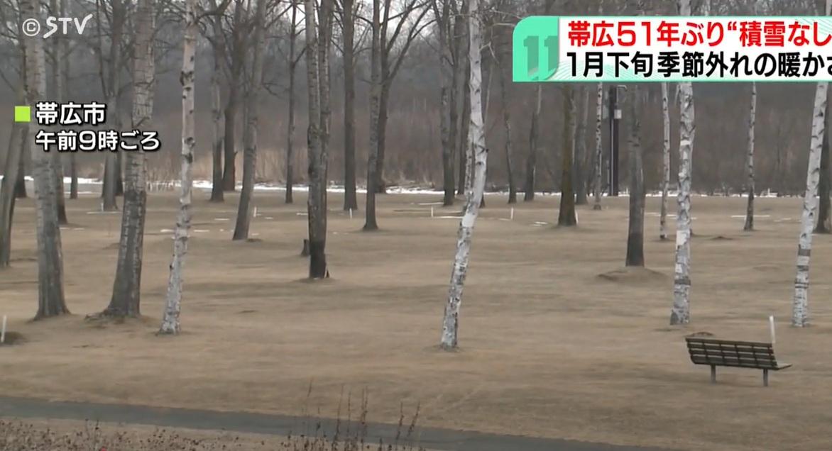 因天氣溫暖,帶廣市相隔51年再出現1月下旬無積雪情況。(互聯網)
