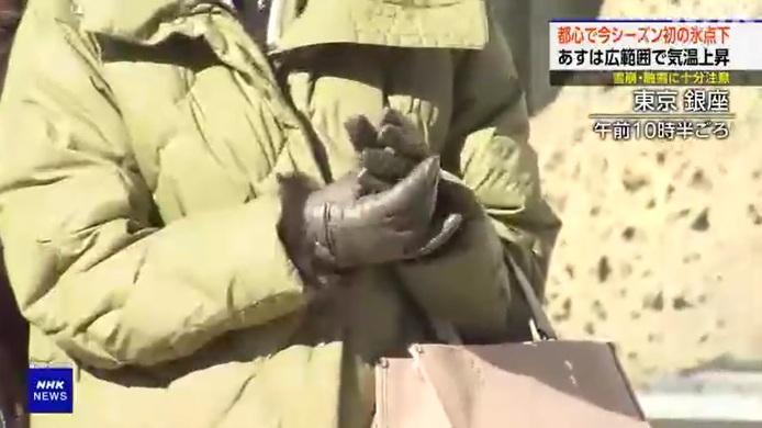 東京銀座民眾穿著厚羽絨外套,戴手套保暖。(互聯網)